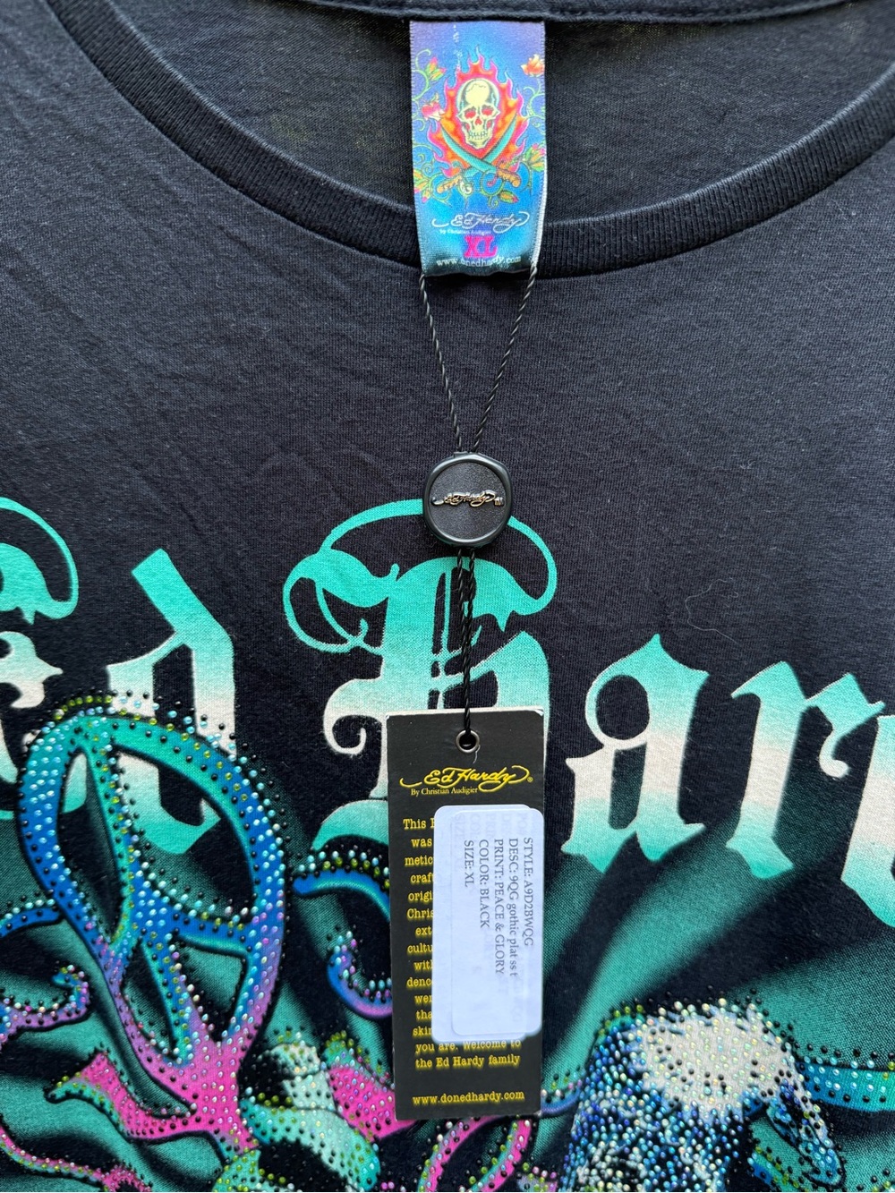 Ed Hardy Black Short-Sleeve Graphic Tee with Teal & Pink Accents - Picture 3 of 5